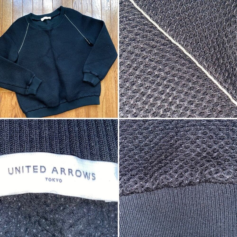 UNITED ARROWS Tokyo Japan $189 Textured Black Crewneck LS Top w Gold Trim S EUC